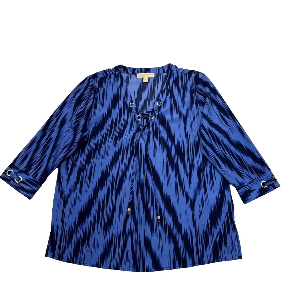 Michael Kors Lace-Up Blouse Womens L Blue Ikat Print Grommet Boho Chic